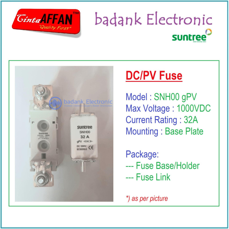 32A - SUNTREE SNH00 gPV 1P 1000V DC Fuse Base/Holder  Fuse Link PV